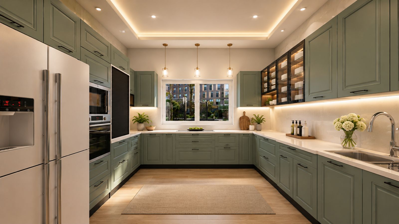 Sage Green U-Shaped Modular Kitchen, Kanpur